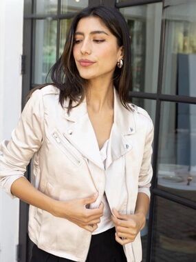 Sactuary Women's Cream Satin Moto Jacket with Asymmetrical Zip New